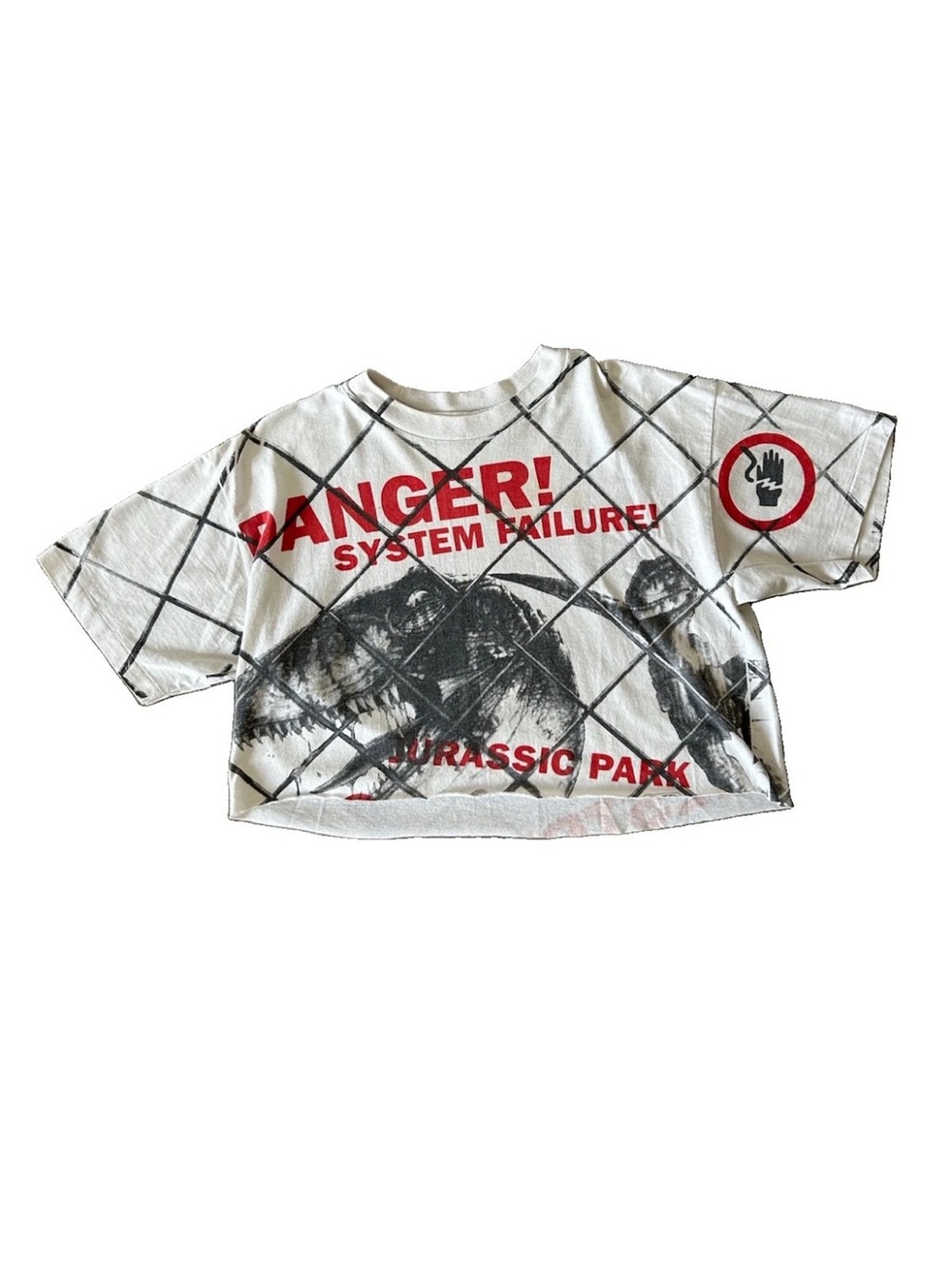 VTG Jurassic Park Shirt S Velociraptor AOP Cage Danger 1993 Movie Promo Cropped